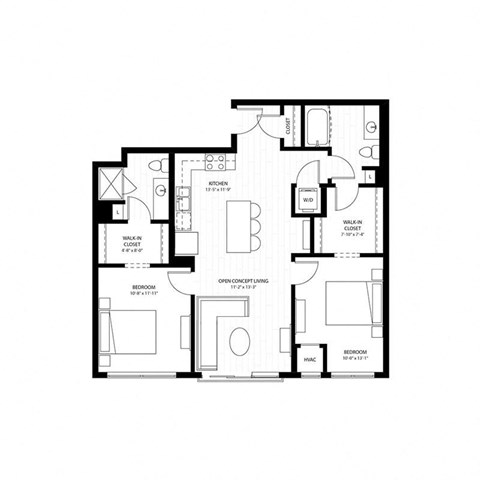 Floor plan for 2 beds, 2 baths, 951 sqft